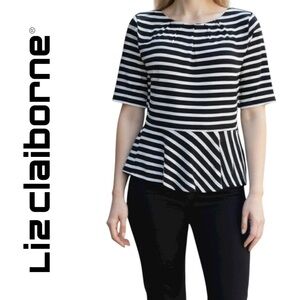 Liz Claiborne Career Black White Striped Peplum Top Womenโs Size XL NWOT